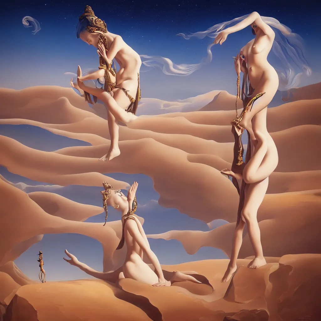 Prompt: beautiful goddess praying in desert, in the style of dali, oil on canvas, masterpiece, trending on artstation, featured on pixiv, cinematic composition, beautiful lighting, sharp, details, hyper - detailed, hd, hdr, 4 k,