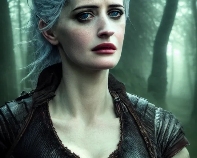 Prompt: 5 5 mm portrait photo of a real life tough looking eva green as ciri in brown leather armor with silver hair and a large scar along her left cheek, in a magical forest. dark atmosphere. art by greg rutkowski. highly detailed 8 k. intricate. lifelike. soft light. nikon d 8 5 0.
