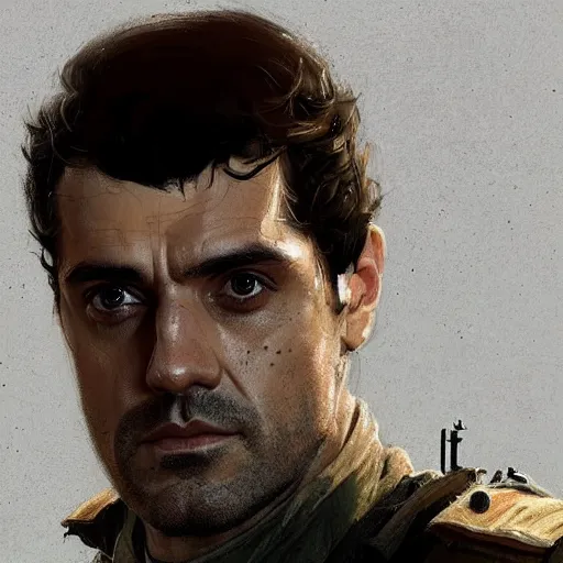 Prompt: portrait of a man by Greg Rutkowski, who looks like a mixture between Oscar Isaac, Henry Cavill and Pedro Pascal wearing military fatigues, scifi, highly detailed portrait, digital painting, artstation, concept art, smooth, sharp foccus ilustration, Artstation HQ