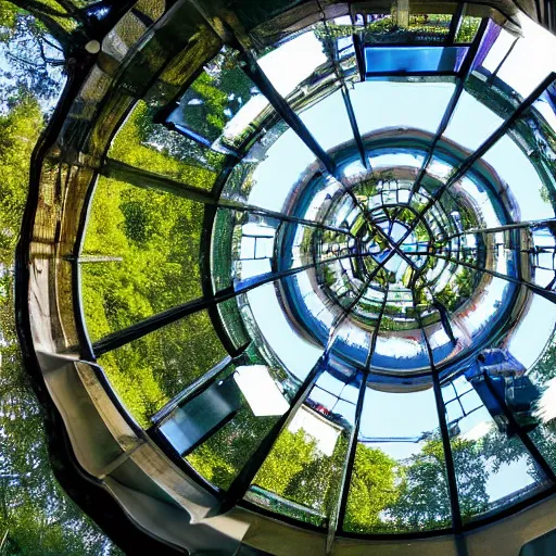 Prompt: wide-angle photograph of an arboretum with birds in a futuristic space station with windows looking into space