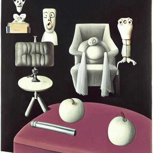 Image similar to still life, by charles addams,