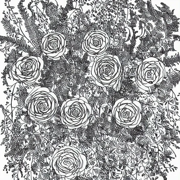 Prompt: line art drawing with a ranunculus surrounded by fern vines, black ink, ornate, detailed