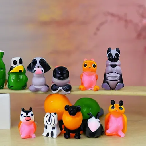 Prompt: some cute plastic toys that look like animal characters, sunset colors