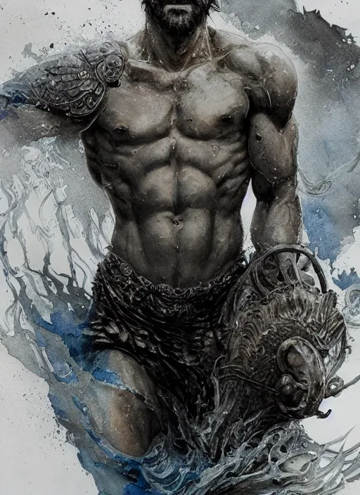 Image similar to portrait, Poseidon, watercolor, dramatic lighting, cinematic, establishing shot, extremly high detail, foto realistic, cinematic lighting, pen and ink, intricate line drawings, by Yoshitaka Amano, Ruan Jia, Kentaro Miura, Artgerm, post processed, concept art, artstation, matte painting, style by eddie mendoza, raphael lacoste, alex ross