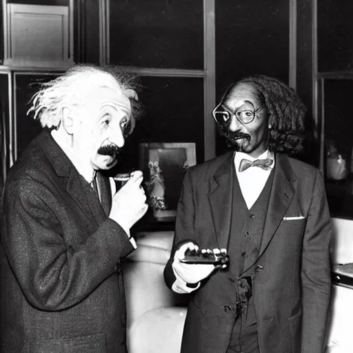 Image similar to Albert Einstein and Snoop Dogg discussing physics and smoking blunts