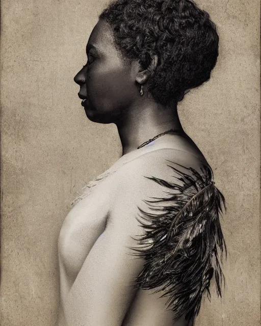 Prompt: a black woman's face in profile, made of intricate feathers, in the style of the dutch masters and gregory crewdson, dark and moody