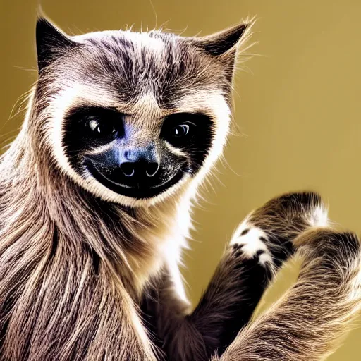 Image similar to a feline cat - sloth - hybrid with a beak, animal photography, wildlife photo, award winning