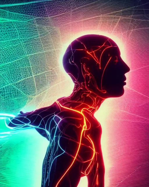 Prompt: a human cyborg with limbs stretches out tied with electrical cables connected to an infinite supercomputer, flood of color and images flowing from his head, 3 d render, octane, insane details