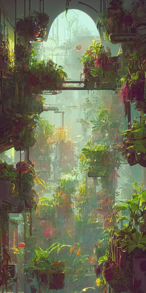 Prompt: lush solarpunk Victorian windowsill with lush plants on it, interior of room, looking out toward a solarpunk cityscape, vignette of windowsill, detailed digital concept art by anton fadeev and marc simonetti, trending on artstation