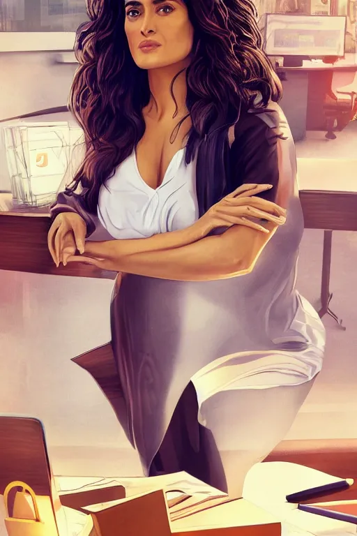 Prompt: salma hayek sitting at a desk, big bust v neck shirt, mcdonalds interior, highly detailed, wide shot, intricate, cute, mystical, sharp focus, Trending on Artstation HQ, deviantart, unreal engine 5, 4K UHD image