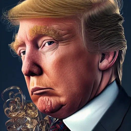 Image similar to portrait of donald trump with beard, d & d, face, dark fantasy, intricate, elegant, highly detailed, digital painting, artstation, concept art, smooth, sharp focus, illustration, art by artgerm and greg rutkowski and alphonse mucha