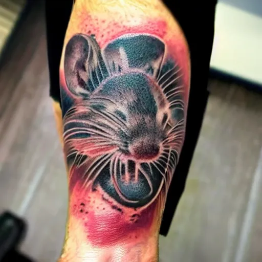 Image similar to an ultra realistic 8 k hdr photo of an award winning healed color tattoo of a rat on an old man ’ s face