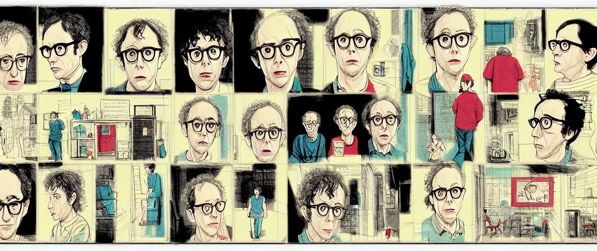 Image similar to character study of todd solondz mixed with charlie kaufman and woody allen | vivid colors : storyboard, dramatic and emotional, concept design, realistic. by gabriel hardman, joe alves, j. todd anderson, chris bonura. cinematic atmosphere, detailed and intricate, perfect anatomy