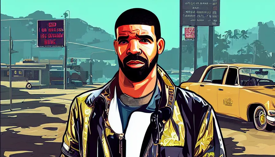 Prompt: drake in the style of gta v artwork, digital art