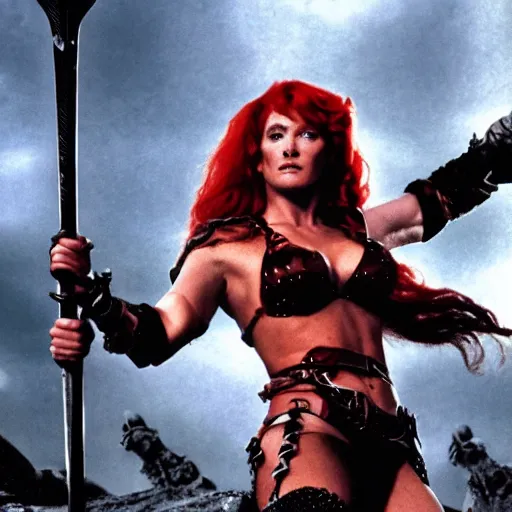 Prompt: an amazing award winning photo of Red Sonja, cinematic