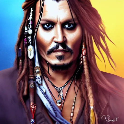 Image similar to portrait of johnny depp as captain jack sparrow, highly detailed, centered, solid color background, digital painting