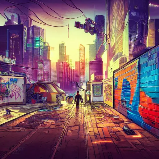 Image similar to beautiful graffiti on a wall in a cyberpunk city, happy mood, futuristic, high detail, sunset, realistic