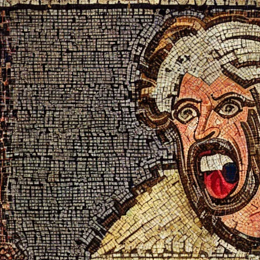 Prompt: ancient roman mosaic of a guy yelling at his computer, highly detailed, high quality, high resolution