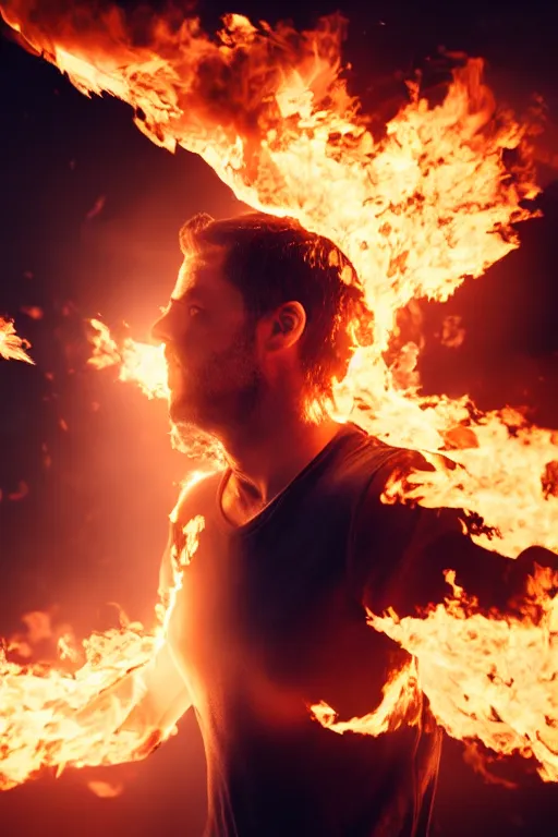 Prompt: a man so hot he is starting to catch on fire, 4 k, cinematic lighting, real shadows, high details, unreal render, summer evening