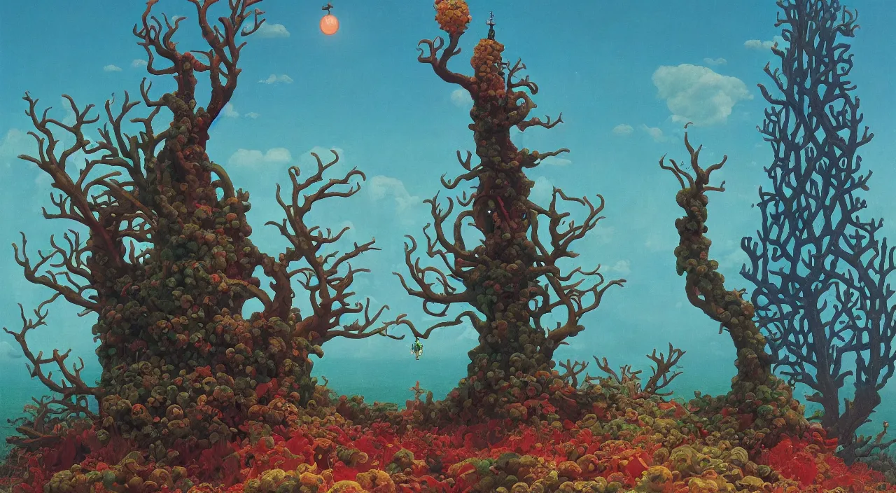 Image similar to single flooded coral tentacle tree tower, very coherent and colorful high contrast!! masterpiece by rene magritte simon stalenhag carl spitzweg syd mead norman rockwell edward hopper james gilleard, minimalist, dark shadows, sunny day, hard lighting