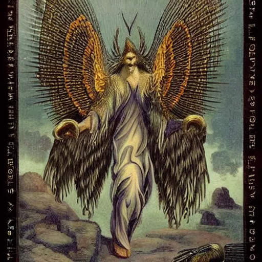 Image similar to biblical style creature, seraphim, dozens of bird - like wings, hundreds of eyes