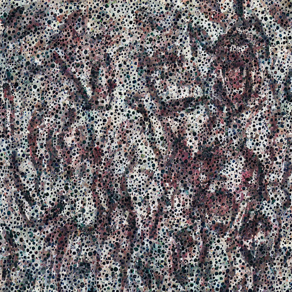 Image similar to camo made of teeth, smiling, abstract, francis bacon artwork, cryptic, dots, spots, stipple, lines, splotch, color tearing, pitch bending, faceless people, dark, ominious, eerie, hearts, minimal, points, technical, old painting