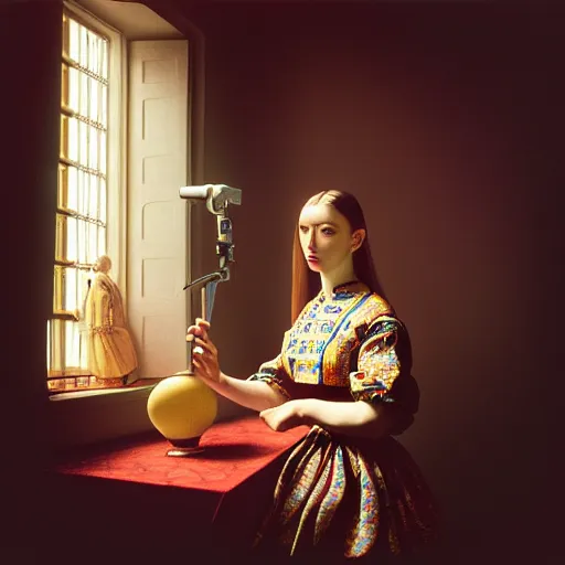 Image similar to hyperrealism photography in caravaggio style computer simulation visualisation of parallel universe sit - com scene with beautiful highly detailed ukrainian woman wearing ukrainian traditional shirt designed by taras shevchenko and woman wearing retrofuturistic sci - fi neural interface by josan gonzalez. hyperrealism photo on pentax 6 7, kodak portra 4 0 0 volumetric natural light - s 1 5 0