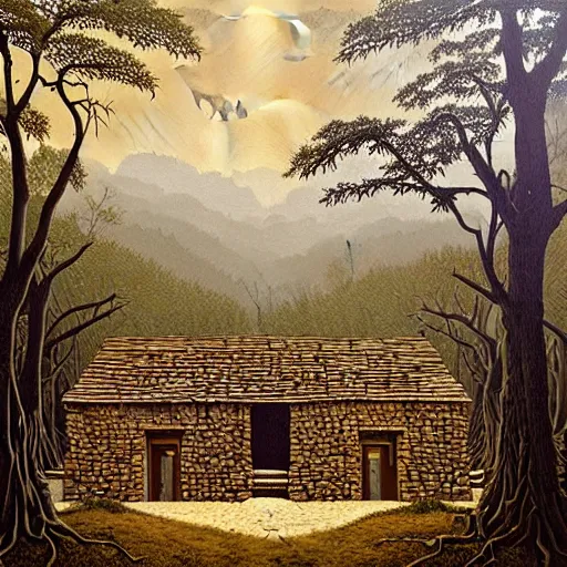 Prompt: an ancient village in the woods, painting by jeffrey smith