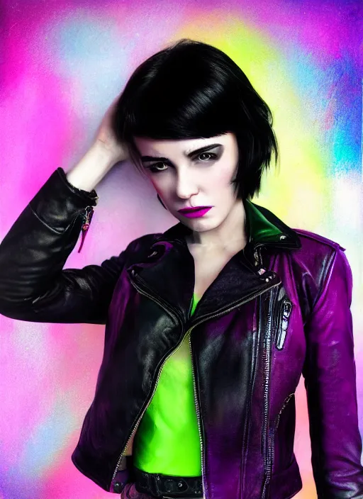 Image similar to a photo of 8 k ultra realistic a black haired female in high heels and a black leather jacket, pink, purple, green, yelow, red, blue, white neon, art by lise deharme