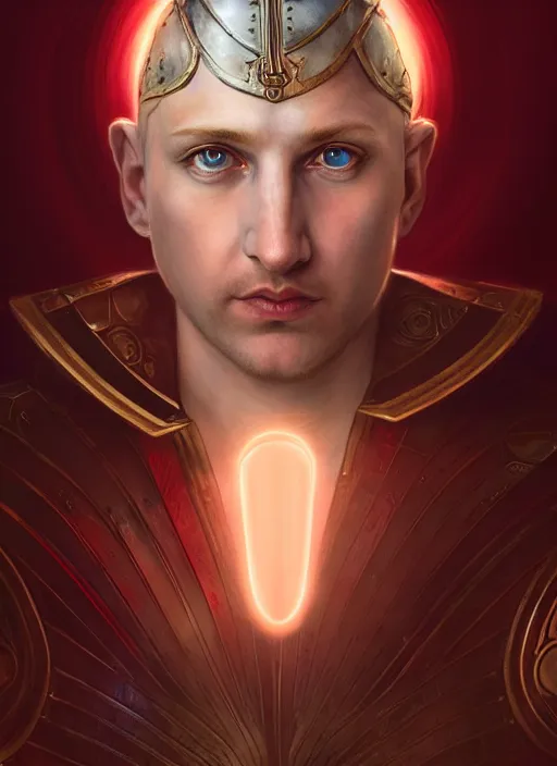 Image similar to the pale blond male praetorian centurion lucius smirking, sci fi, glowing eyes, volumetric lights, red and cyan theme, art nouveau botanicals, intricate, highly detailed, digital painting, artstation, concept art, smooth, sharp focus, cinematic, illustration, beautiful face, art by artgerm and greg rutkowski and alphonse mucha