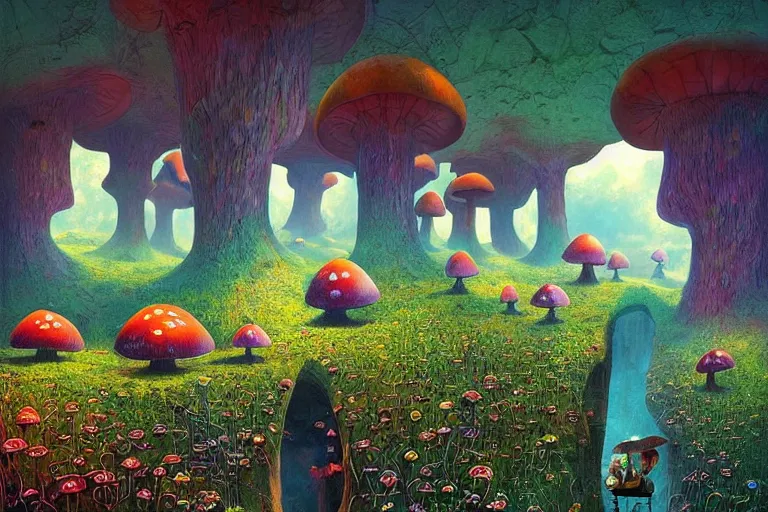 Image similar to surreal glimpse into other universe, stuck in a mushroom cave, summer morning, very coherent and colorful high contrast, art by!!!! gediminas pranckevicius!!!!, geof darrow, dark shadows, hard lighting