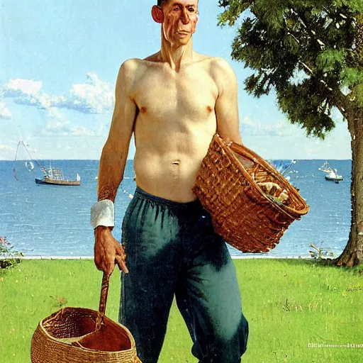 Prompt: a tank - like, fair skinned man with large ears and a big nose. he has frizzy, black hair, seems boring, has long, neat mutton chops, and he has a large scab on his left ear. he is carrying a basket. realism. photo realistic. norman rockwell. repin