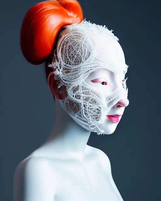 Prompt: portrait of a woman wearing a white embroidered translucent silicone mask and white red frizzy hair buns, wearing a silicone white bodysuit, white background, soft diffused light, biotechnology, kinetic sculpture, humanoide robot, translucent, intricate details, highly detailed, highly complex masterpiece