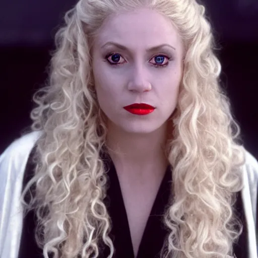 Image similar to a blonde woman in a black robe lying on the deck of a ship, a beautiful english woman with a long face narrow nose pale skin blue eyes red lips and wild messy tangles of curly white blonde hair, high resolution film still wearing a black robe and skull necklace and holding a spear, sandy, a journey to the west