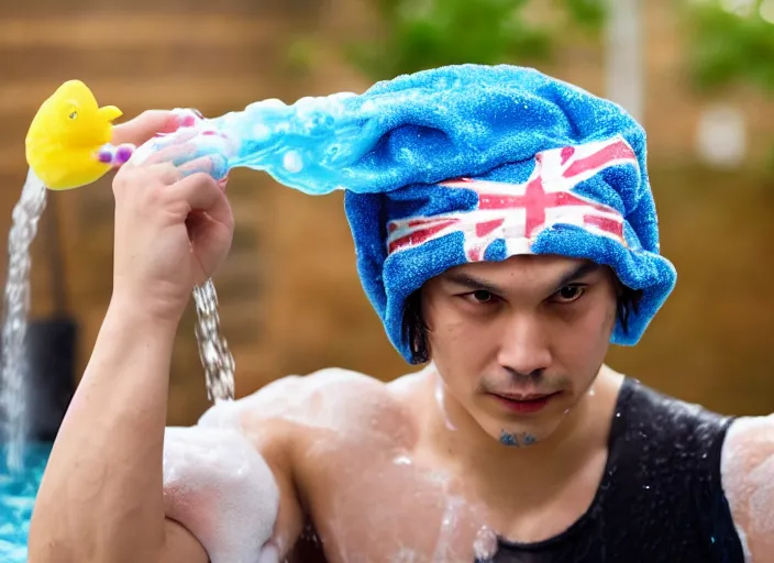 Prompt: frank dillane taking a bubble bath, bubbles!!, shy, awkward, cute, shower cap, rubber ducky, union jack towel, detailed, masterpiece