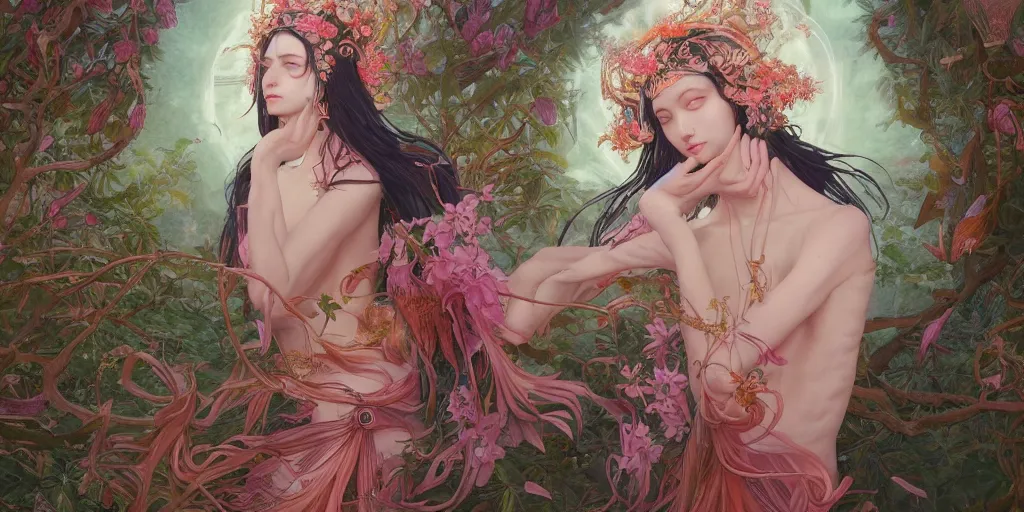 Prompt: breathtaking detailed concept art painting of the goddess of flamingo, orthodox saint, with anxious, piercing eyes, ornate background, epic composition, amalgamation of leaves and flowers, by Hsiao-Ron Cheng and John James Audubon and Miho Hirano, extremely moody lighting, 8K