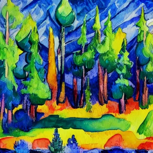 Prompt: fauvism artstation watercolor landscape, mountain with pine trees.