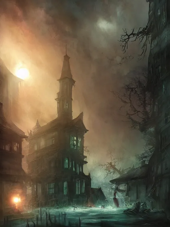 Image similar to a group of urban fantasy adventurers approach a tall and foreboding haunted house at sunset, teal spectral denizens rise from windows, magical realism, three heroes, prepared protagonists, journeyman exorcists, detailed realistic watercolor by greg rutkowski and kwanchai moriya, haunting, ominous, exciting, solemn, lightning study