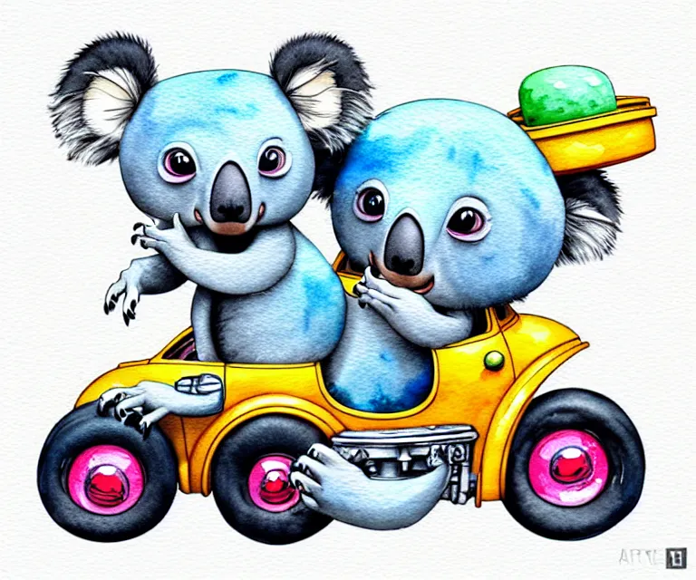 Image similar to cute and funny, koala wearing a helmet riding in a hot rod with an oversize engine, ratfink style by ed roth, centered award winning watercolor pen illustration, isometric illustration by chihiro iwasaki, edited by range murata, tiny details by artgerm and watercolor girl, symmetrically isometrically centered, sharply focused