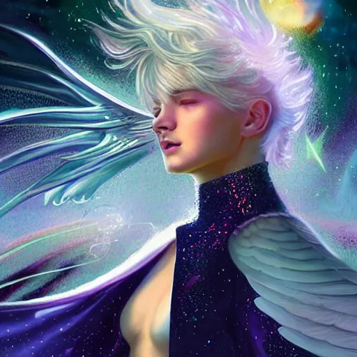 Image similar to portrait harmony of white haired angel beautiful yoongi wearing sparkly shiny greek clothes, muted colors, nebula background, neon sparkles everywhere, big wings, dynamic hair movement, + + + + dynamic pose, holographic space, glowing effect, j. c leyendecker, by alan lee, wlop! illustrated by starember, fantasy art by craig mullins