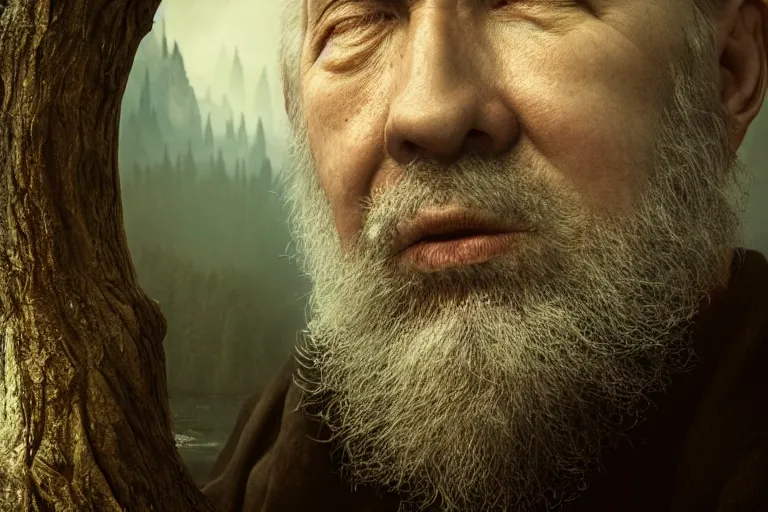 Image similar to an ultra realistic cinematic close up headshot portrait of an evil wizard, background of a vast serene landscape with trees and rivers, detailed, deep focus, movie still, dramatic lighting, ray tracing, by michal karcz and yoshitaka amano