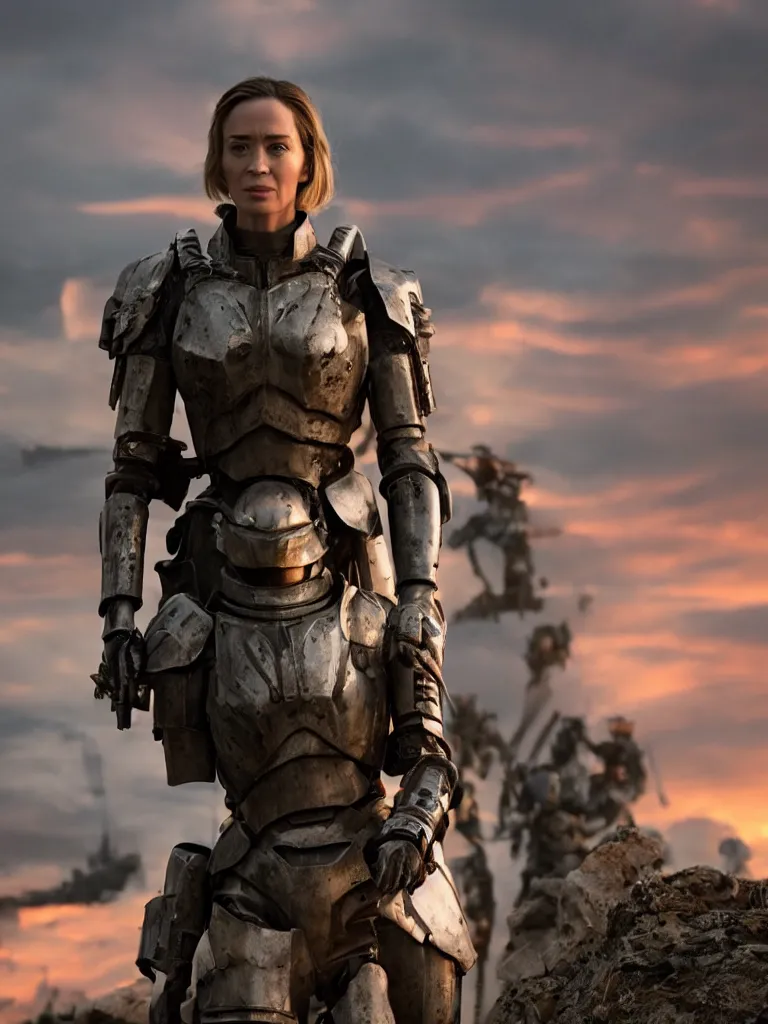 Image similar to emily blunt in futuristic power armor, standing atop a hill, holding a sword, edge of tomorrow, angel of verdun, sunset