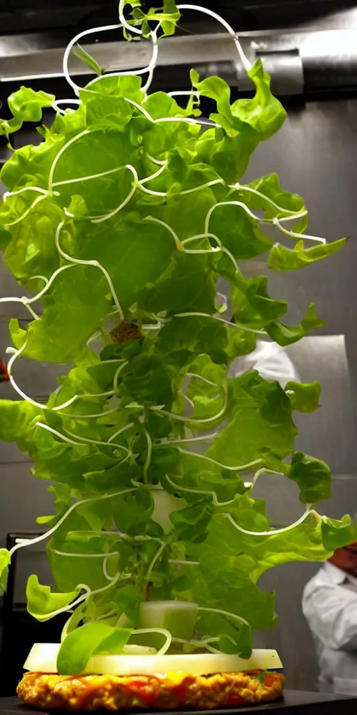 Prompt: a lab - grown cheese burger, growing right out of a hydroponic vine, amazing cheeseburger science garden