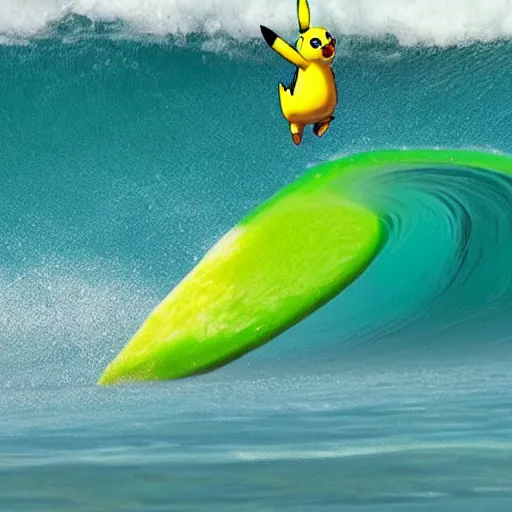 Image similar to pikachu surfing on a wave made of green slime