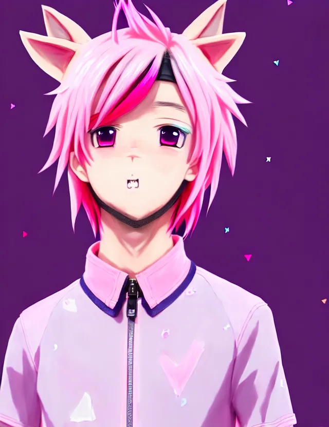 Image similar to portrait of a cute anime boy with pink hair and pink wolf ears and pink wolf tail wearing stylish clothes | | very detailed digital painting, trending on artstation, octane render, random artists