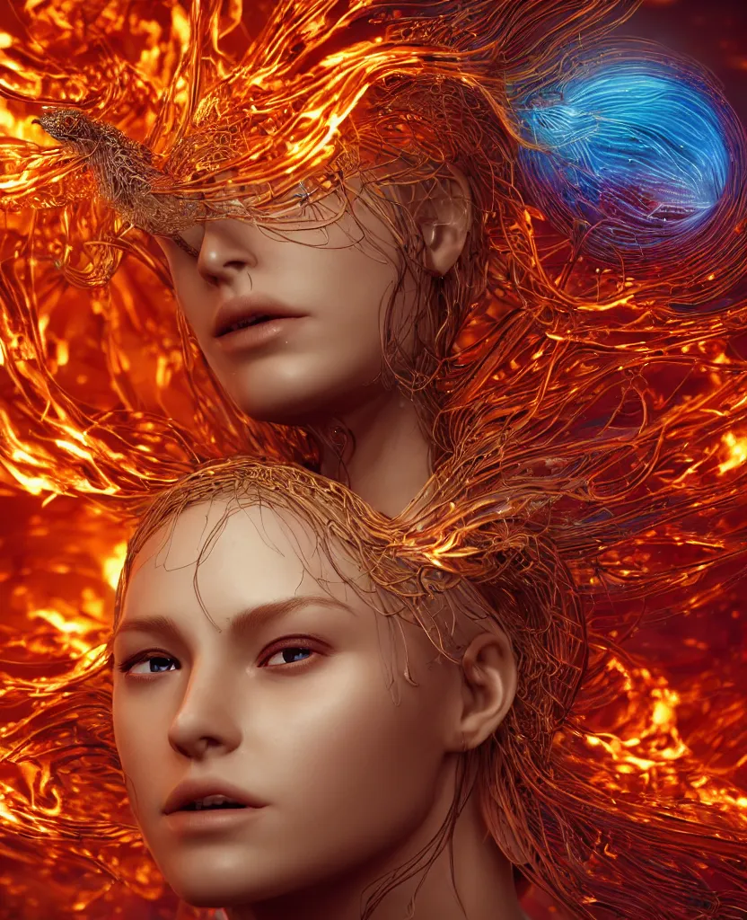 Image similar to close-up macro portrait of the face of a beautiful princess, epic angle and pose, symmetrical artwork, 3d with depth of field, blurred background, cybernetic jellyfish female face skull phoenix bird, translucent, nautilus, energy flows of water and fire. a highly detailed epic cinematic concept art CG render. made in Maya, Blender and Photoshop, octane render, excellent composition, cinematic dystopian brutalist atmosphere, dynamic dramatic cinematic lighting, aesthetic, very inspirational, arthouse. y Greg Rutkowski, Ilya Kuvshinov, WLOP, Stanley Artgerm Lau, Ruan Jia and Fenghua Zhong