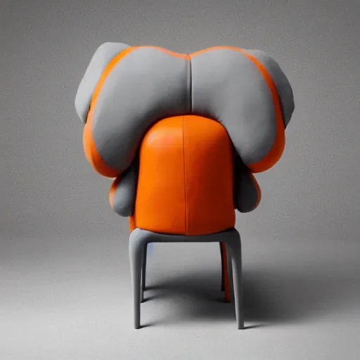 Prompt: an armchair in the shape of an elephant with grey and orange accents designed by antony gormley, advertising photography