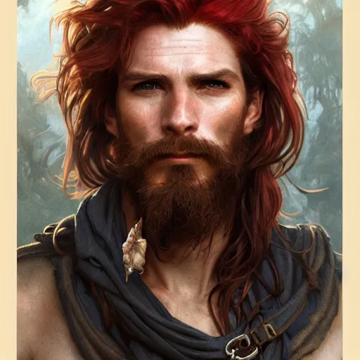 Image similar to portrait of a young ruggedly handsome but joyful pirate, male, masculine, upper body, red hair, long hair, d & d, fantasy, piercing eyes, intricate, elegant, highly detailed, digital painting, artstation, concept art, matte, sharp focus, illustration, art by artgerm and greg rutkowski and alphonse mucha