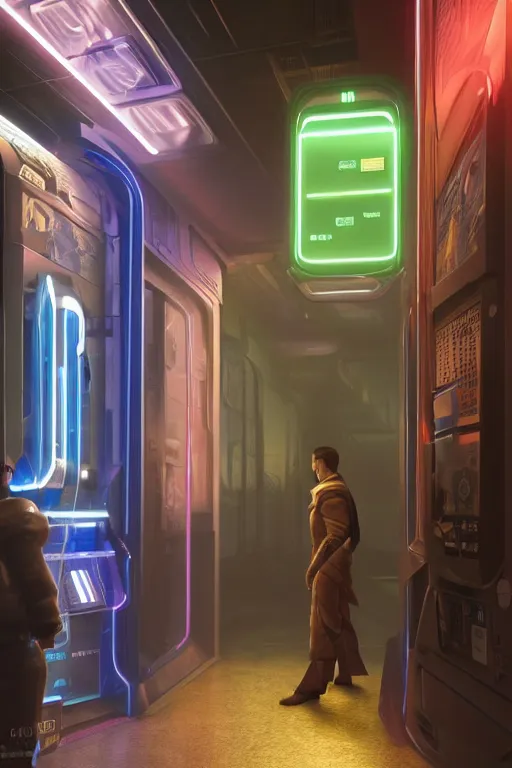 Image similar to in a corridor, a human in a still suite from dune in front of a vending machine, his profile and face lit by the blue neon light of the machine in front of him, blade runner style, gloomy mood, hyper-realistic environment,Epic concept art. Octane render and Unreal Engine