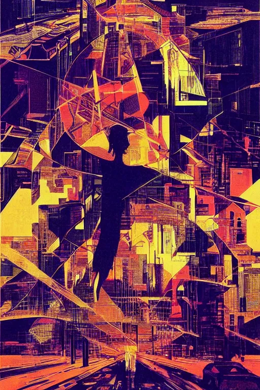 Image similar to fisheye, a silhouette of a woman lost in tensor fields cityscape, madness, decoherence, synthwave, glitch!!, fracture, realistic, hyperdetailed, concept art, golden hour, art by syd mead, cubism